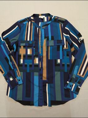 Calvin Klein Geometric Stripe Women's Size M Button Up Long Sleeve Blouse